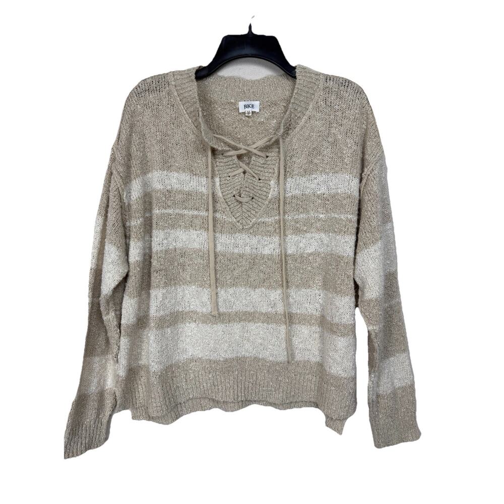 Women's BKE Sweater Sz M Tan White Long Sleeves 1/4 Lace Up Boxy Boho - Picture 10 of 16